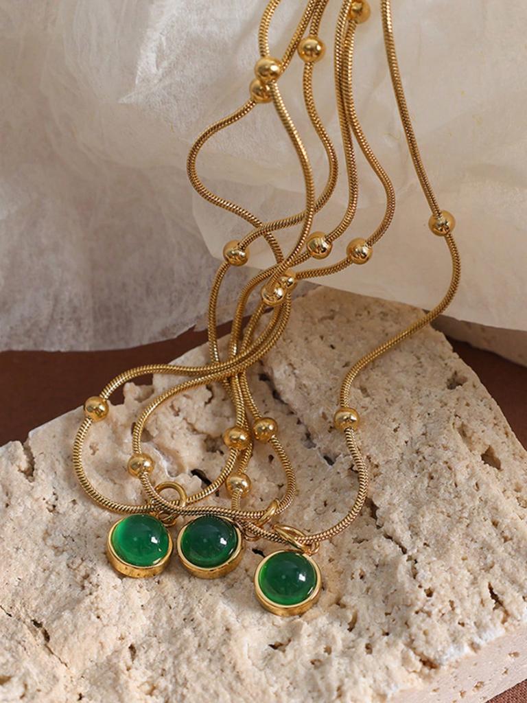 1 Pc Vintage French Style Natural Stone Round Pendant Necklace, 18k Gold Plated Titanium Steel Collor Necklace