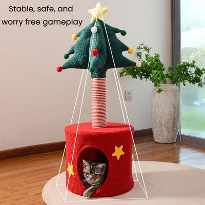 Christmas Tree Cat Tower 2-in-1 Scratching Post Cozy Cave Bed Space-Saving Cat Furniture