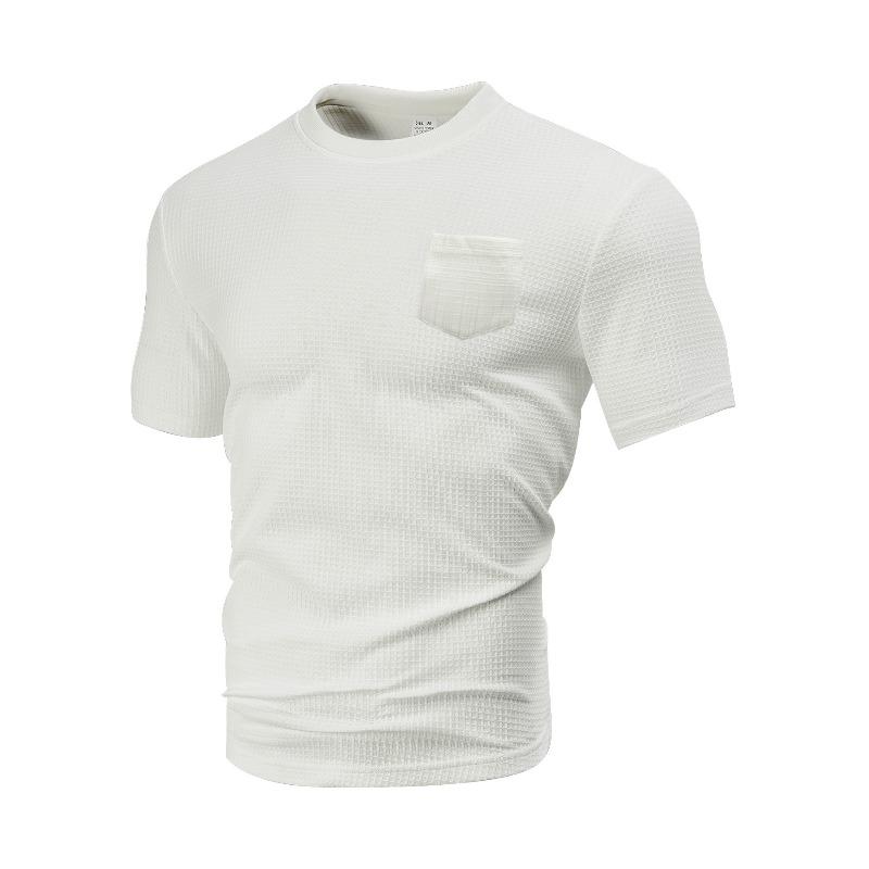 Men s summer loose-fit, casual, breathable short-sleeved T-shirt with pockets and a large waffle pattern, round neck S