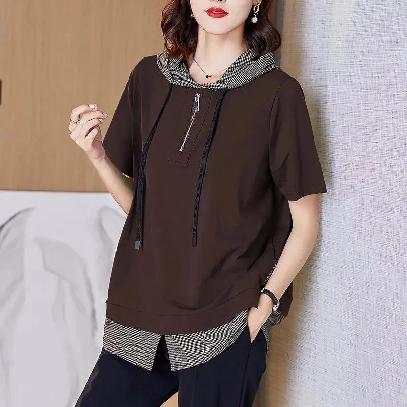 Pure Cotton Large Size Women's Short-sleeved Summer High-end Loose Hooded Cotton Top