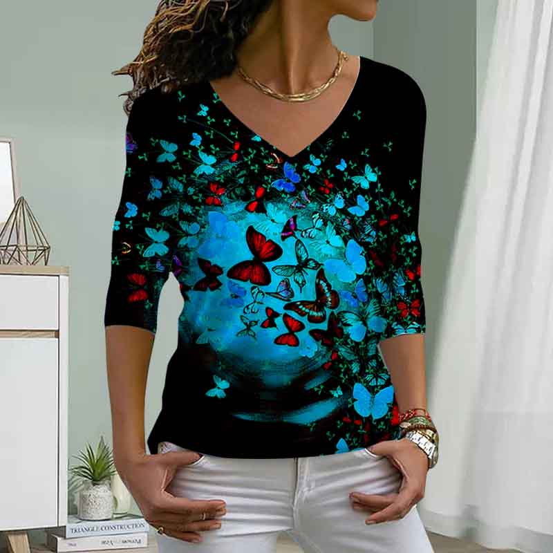 

Black Hole Butterfly Print Women Tshirts Ladies Tops Long Sleeve V-neck Pullover Femme T-shirts T Shirt For Women 8XL синій