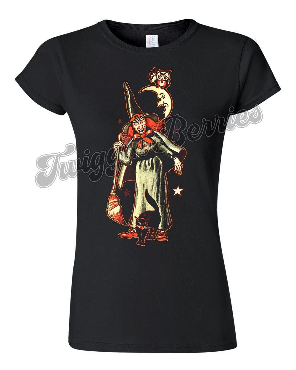 Retro Novelty Halloween Tee T Shirt Vtg Art Witch Black Cat Moon Goth S