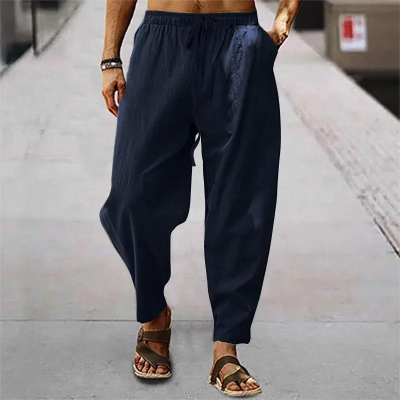 Roser Heren Katoen Linnen Broeken Zomer en Herfst Effen Hoge Taille Wijde Pijpen Broeken Mannen Losse Hennep Casual Ademende Sportbroeken 5XL marineblauwe kleur