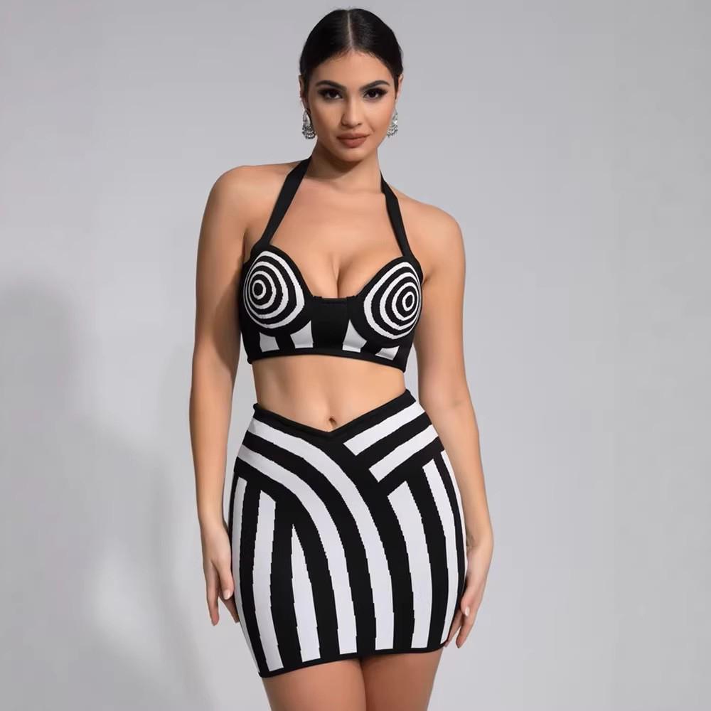 

European and American Jacquard Color-Block Bandage Halter Crop Top & Hip-Hugging Skirt Two-Piece Set for Women Large
