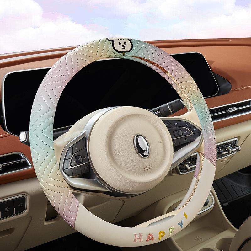 2024 Lenkradbezug aus Nappaleder mit Farbverlauf und Welpenmotiv in farbenfrohem Design