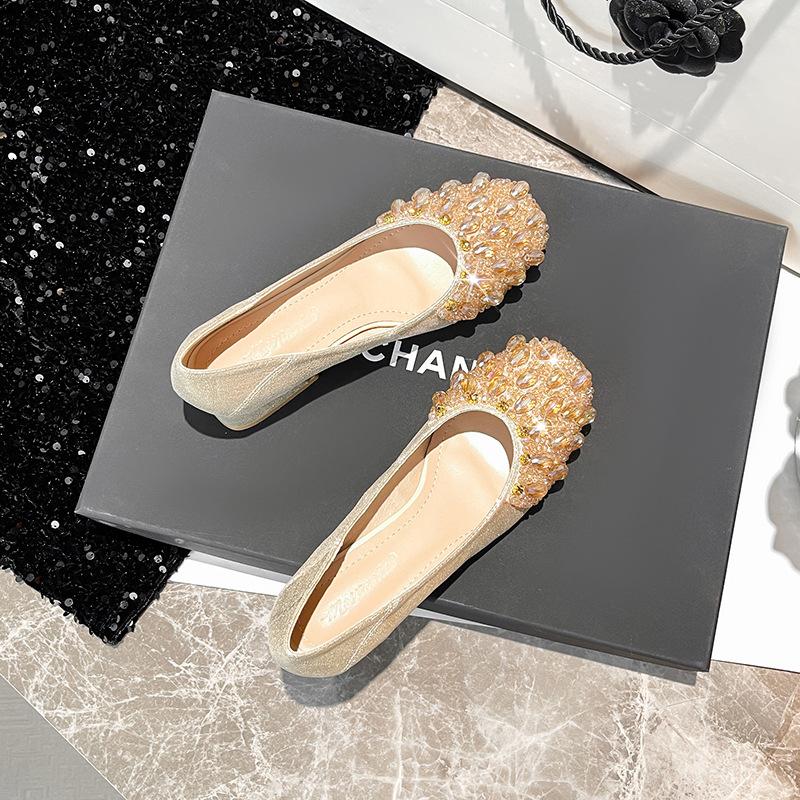 Fashion French Rhinestone Square Toed Single Shoes for Women Spring 2025 New Shallow Mouth Shiny Slip on Comfortable Lightweight Pumps
