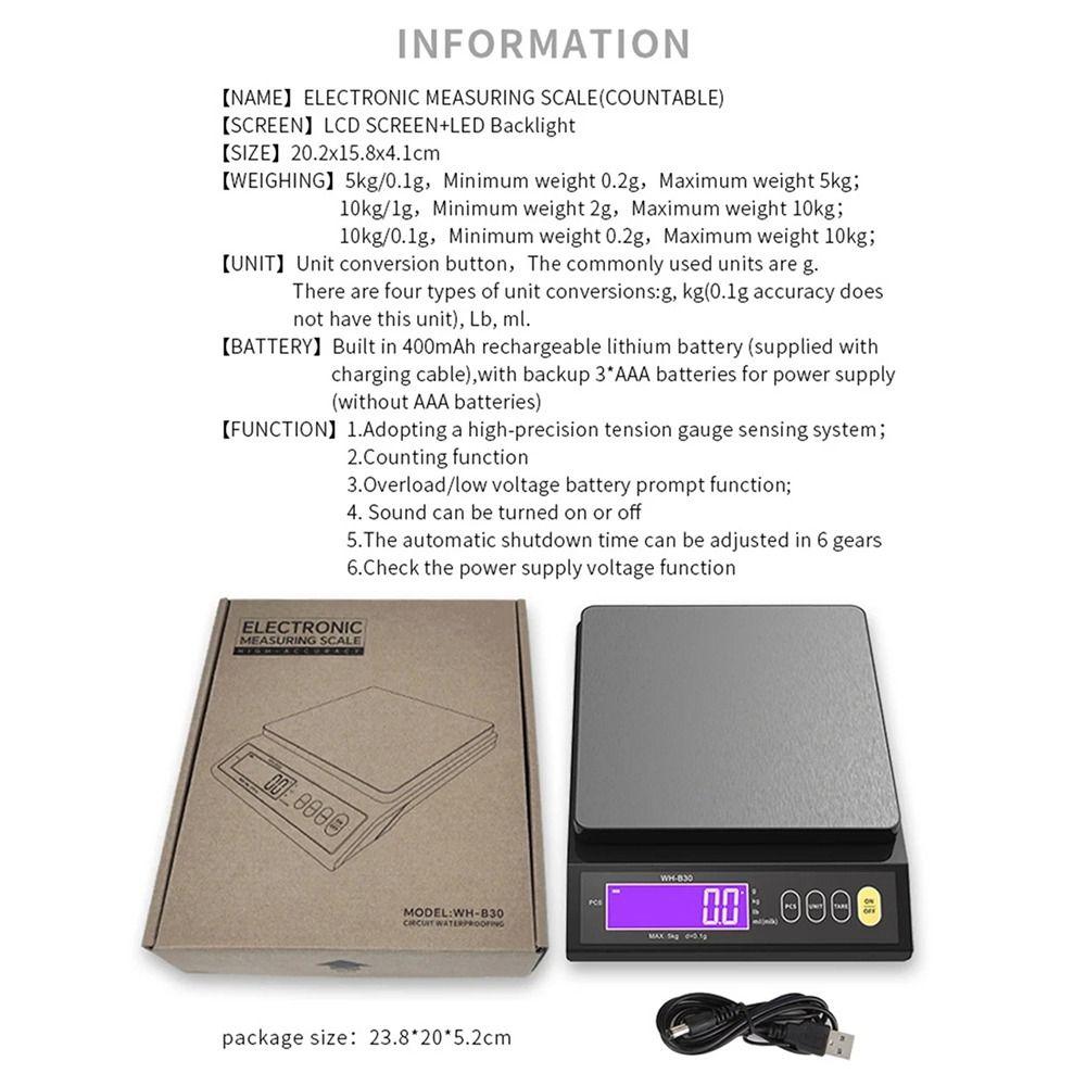 1Pcs 5kg/0.1g 10kg/1g Electronic Kitchen Scale Stainless Steel LCD Display Food Scale High Accuracy Waterproof