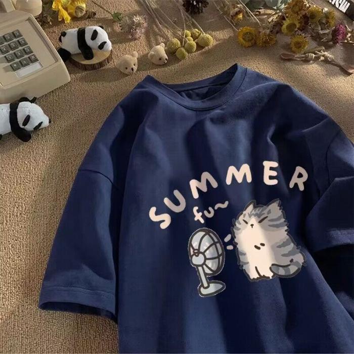 Fan Cat and Women Pure T-shirt for Men American Street Creative Blow Summer Relaxed Short Sleeve Couple Wear INS Top