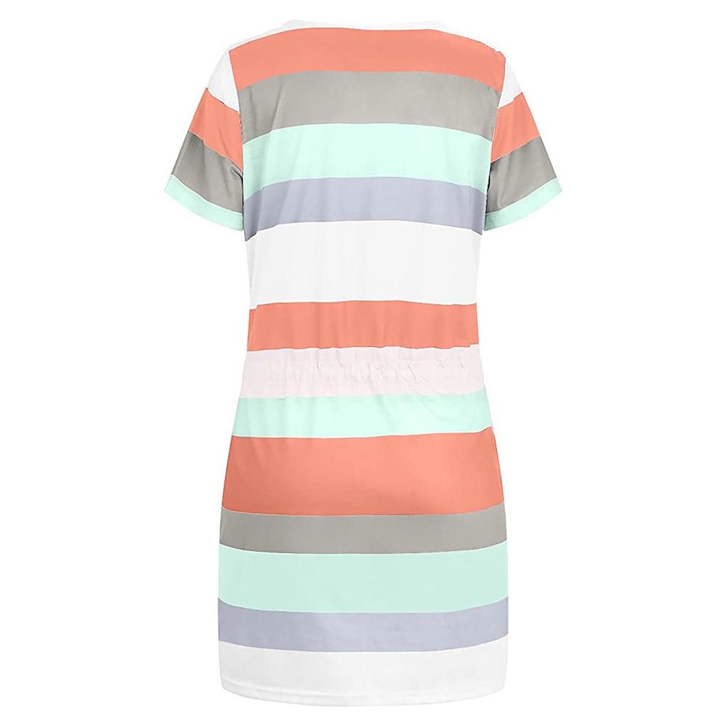 2023 Summer Women's Striped Short Sleeve Dress with Drawstring Mini Skirt