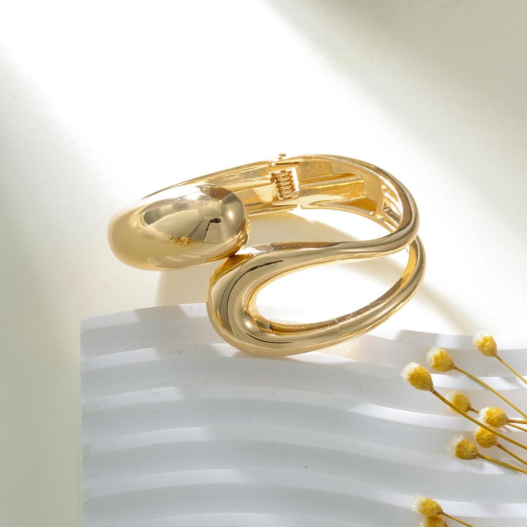Smooth Gold Color Open Spring Bangles for Women Design Geometric Wide Cuff Bracelets Hand Jewelry