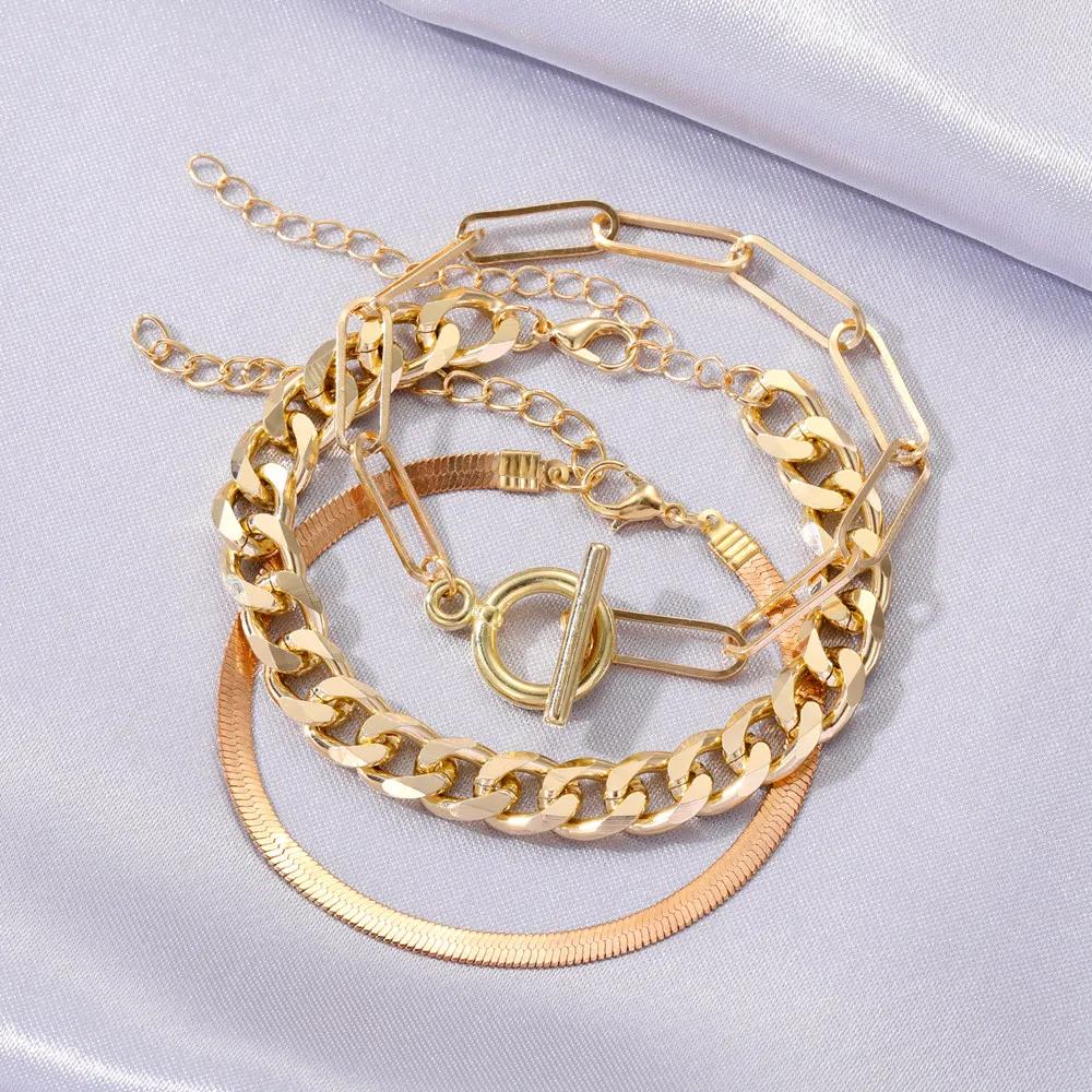 3PCS Fashion Thick Chain Link Bracelets for Women Vintage Snake Chain Gold Color Silver Color Bangles Bracelets Set Punk Jewelry