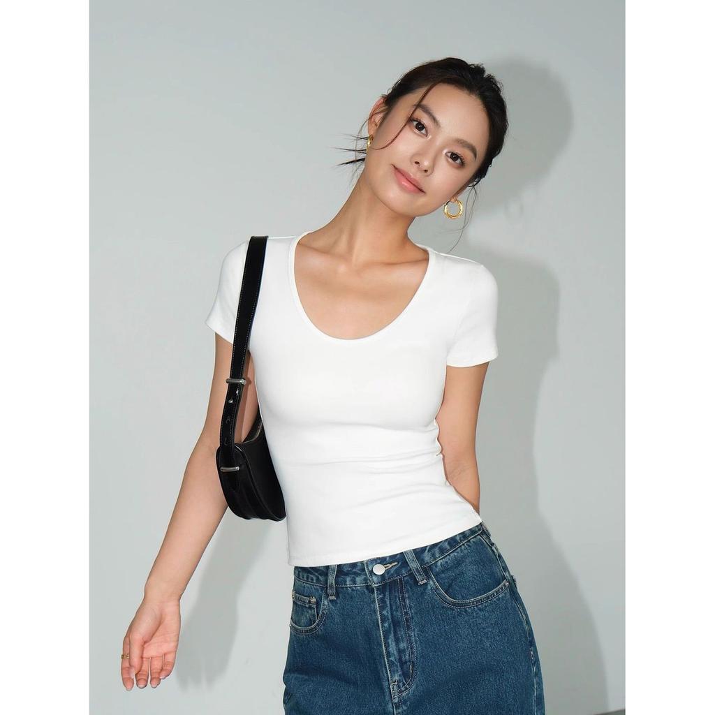 Korean front shoulder U-neck short-sleeved T-shirt women's summer new inner fit slim and thin bottom white top