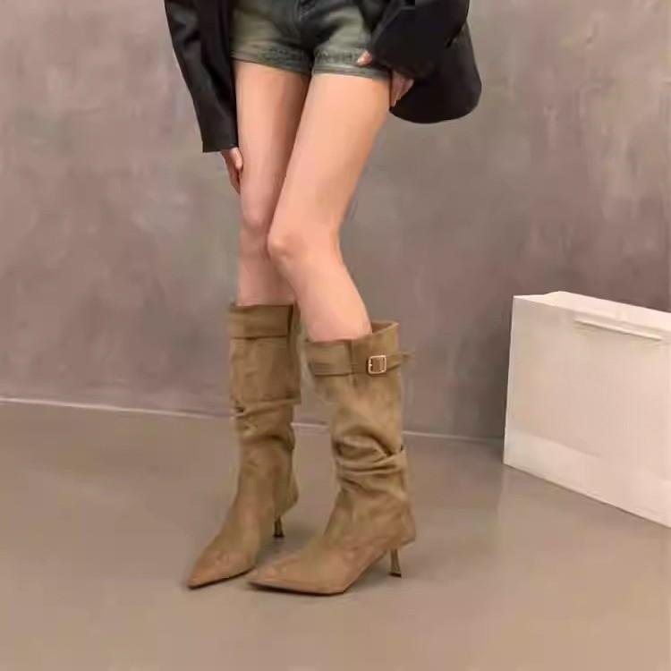 Pointed High Heel Khaki Skinny Boots Women's Shoes Summer Vintage Pile Boots Medium Barrel
