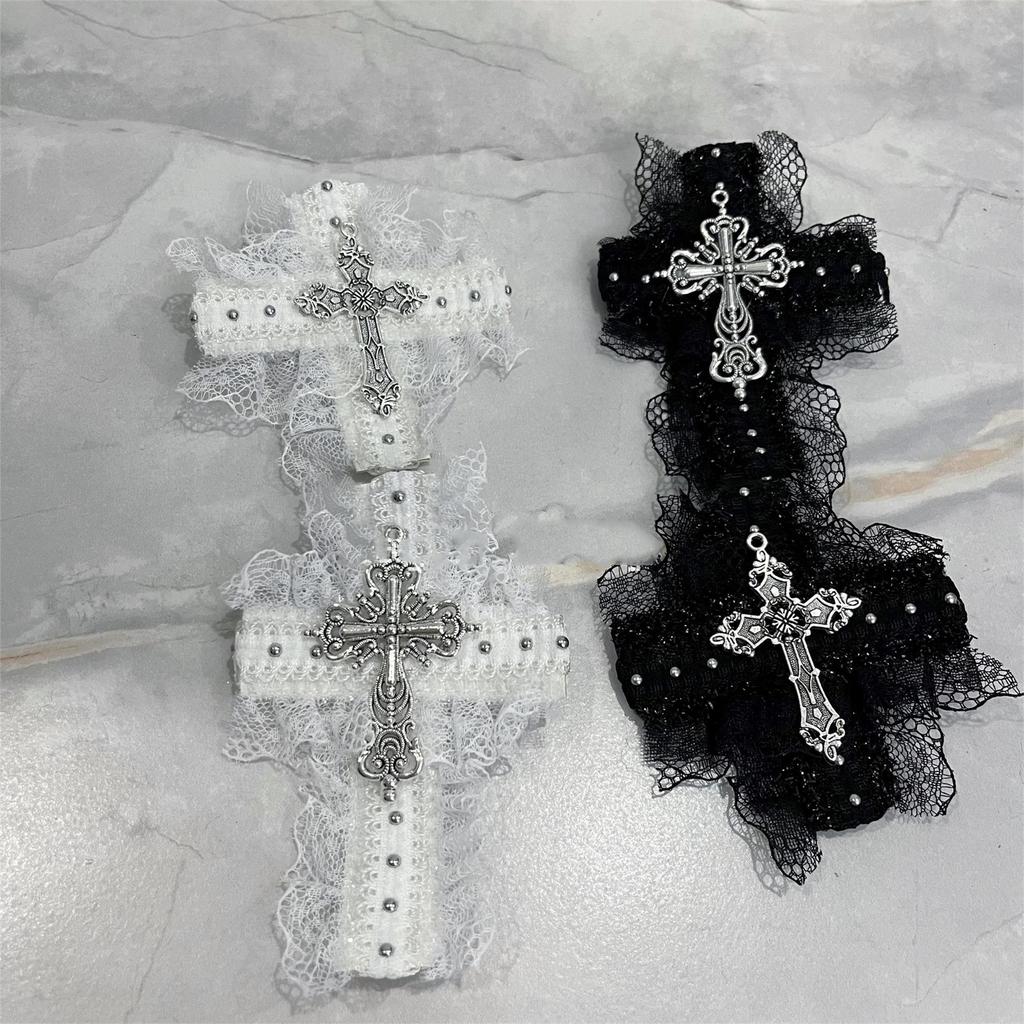 Lace Hair Clip Dark Balletcore Crosses Dark Flat Clip Halloween Hairpin Dark Elegant Hair Clip for Bunches