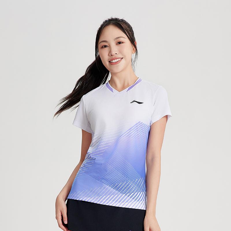 Li Ning Badminton Series Sports Breathable V-Neck Pullover Quick-Dry Short Sleeve T-Shirt Moisture-Wicking Training Wear Women Tops AAYU212-1