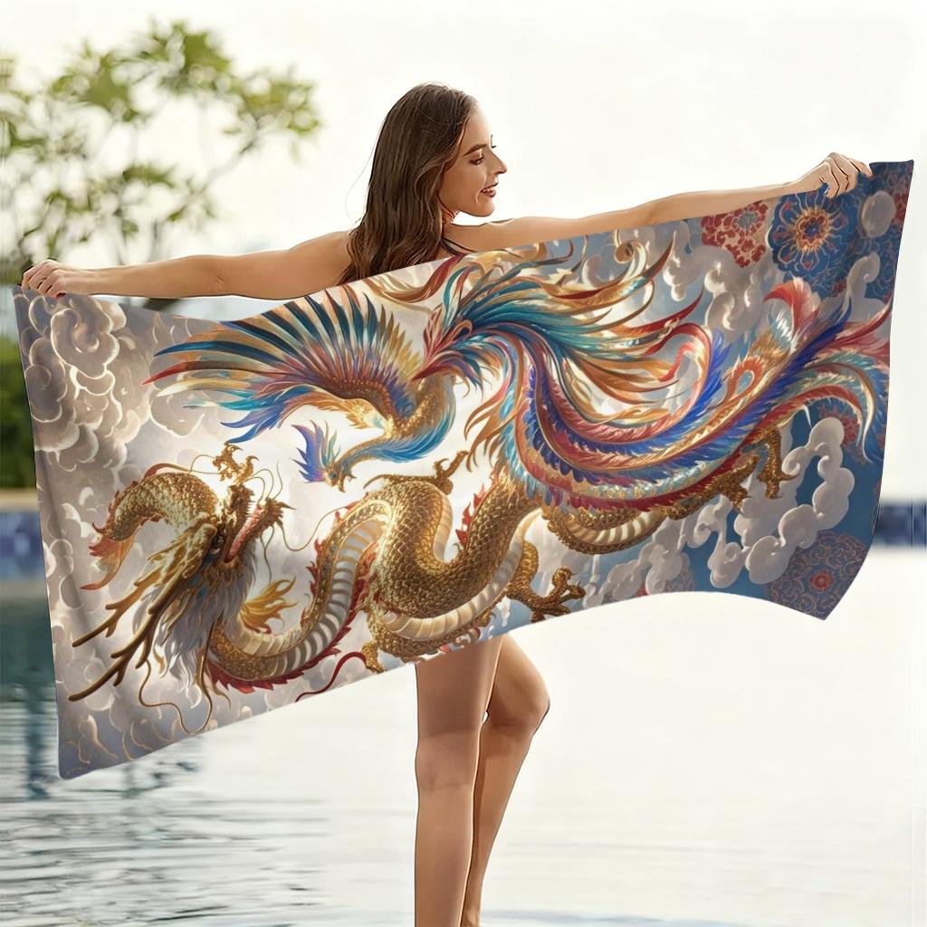 Traditional Chinese Dragon and Phoenix Beach Towel Quick-drying Towel Suitable for Seaside Pool Camping Yoga For Family Friends
