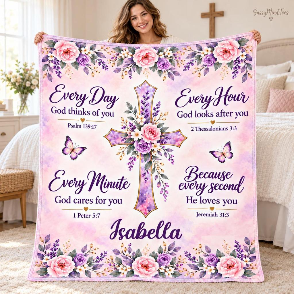 Personalized Christian Blanket for Women, Floral Cross Bible Verse Blanket, Faith Gift for Her, Religious Gift, Custom Name Fleece Blanket