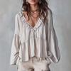 2026 Spring and Autumn Casual Sweet Ruffled Puff Sleeve Pleated Shirt Women's V-Neck Top