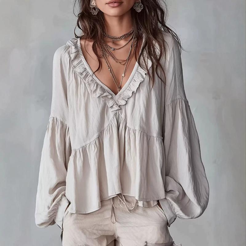 2026 Spring and Autumn Casual Sweet Ruffled Puff Sleeve Pleated Shirt Women's V-Neck Top