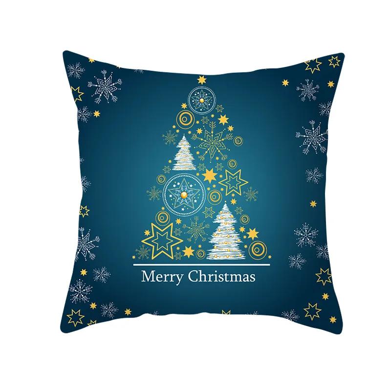 2022 Happy New Year Home Party Decor Cushion Cover Christmas Blue Snowflake Cartoon Printed Pillow Cover Xmas Pillowcase 45x45cm