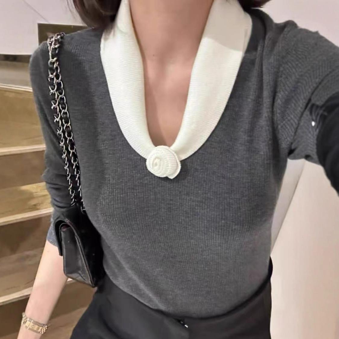 

Core-spun yarn washing water, Korean v-neck contrasting flower knitted sweater for women s autumn and winter with slim-fit sweater one size fits all