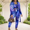 Women Plus Size Red Floral Printed Three Piece Set Long Sleeve Open Front Cardigan Crop Top Long Pants
