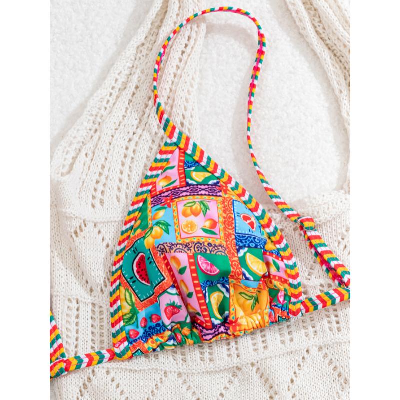 Set Bikini a Triangolo con Stampa Donna Leopardato Pois Stampa Frutta Bordi a Contrasto Laccetti Laterali Sexy Sfacciato Costume da Bagno Estivo da Spiaggia