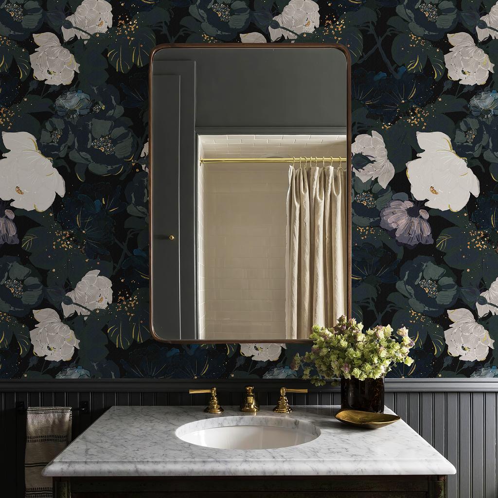 Dark Black Peel And Stick Floral Wallpaper Traditional Festival Vinyl Wall Decor White Flower Self Adhesive Cabinet Sticker