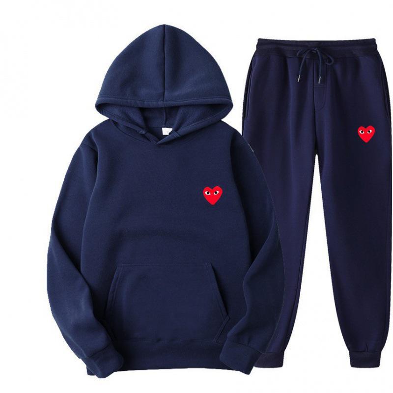 2024 Autumn/Winter Heart Print Trendy Unisex Two-Piece Sportswear Set: Casual Hooded Sweatshirt + Velvet Running Pants