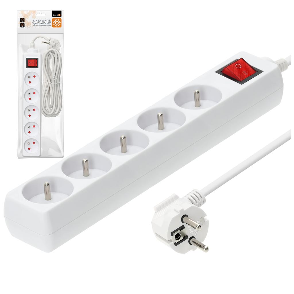 5-socket extension cord, 5 , with switch and grounding, white