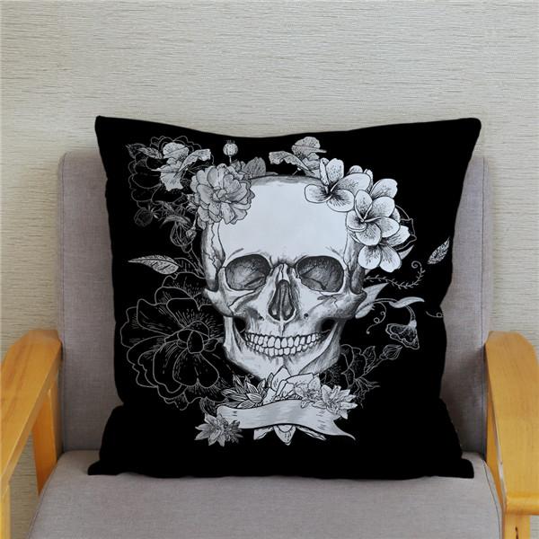 Skeleton Head Flower Print Pattern Cushion Cover for Home Living Room Sofa Decoration Square Pillowcase 45 * 45cm