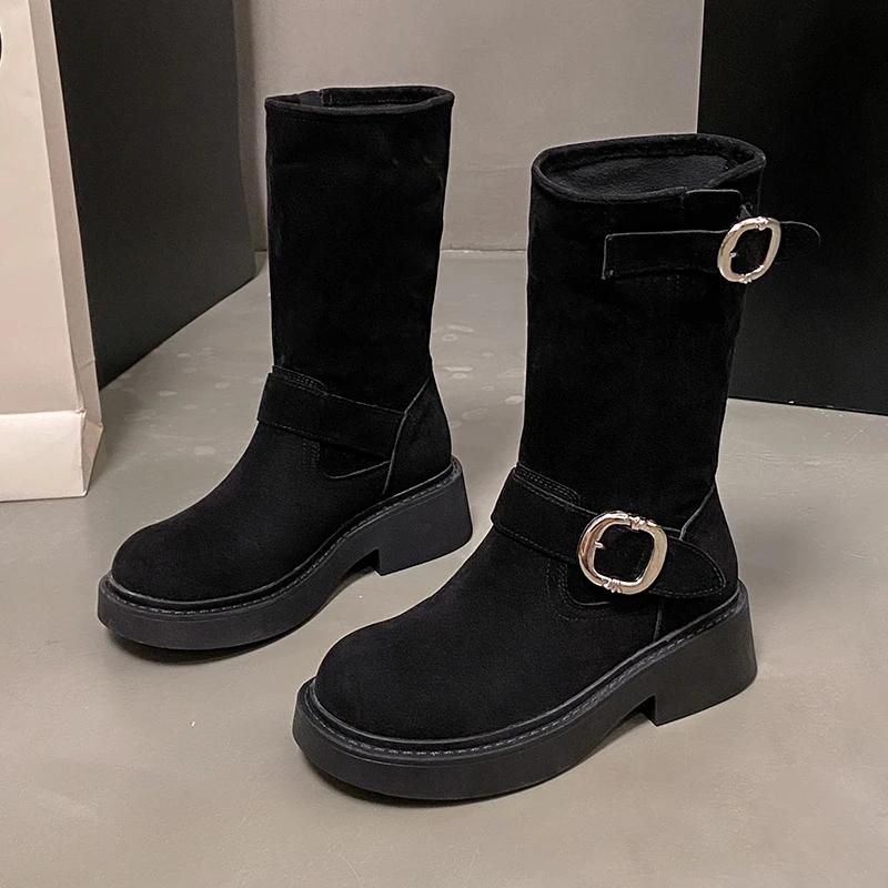Women Western Cowgirl Boots Fashion Belt Buckle Shoes Autumn Winter Thick Heel Women's Mid Calf Booties  Women Shoes