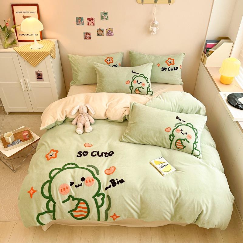 Cartoon Milk Velvet Four Piece Patch Embroidered Coral Velvet Quilt Cover Flannel Sheet Quilt Cover