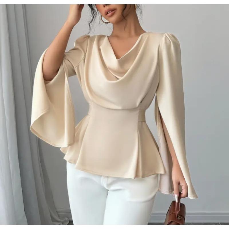 Women Elegant Satin Halter Neck Long Sleeve Waist Slimming Blouse Top