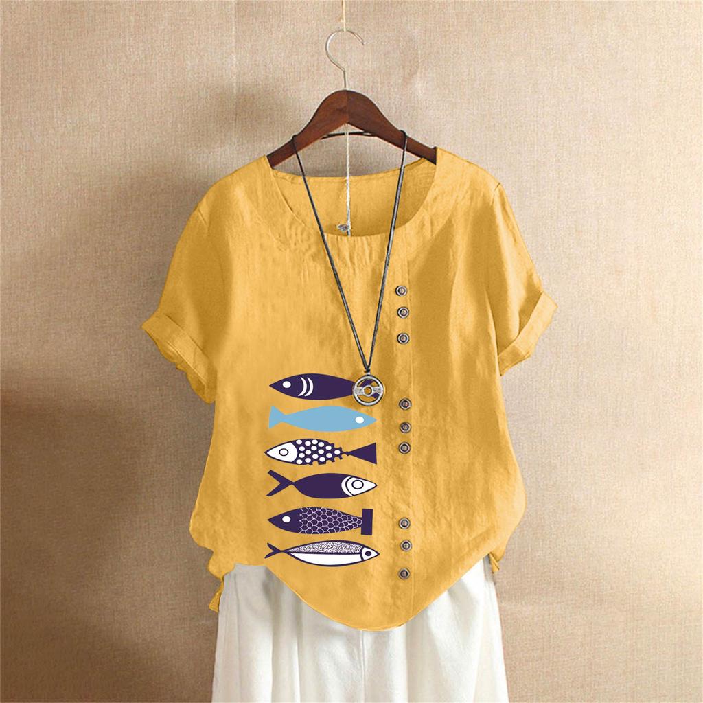 T-shirt Estiva Oversize in Cotone e Lino a Maniche Corte, Abbigliamento Donna Oversize Stampato in Cotone e Lino