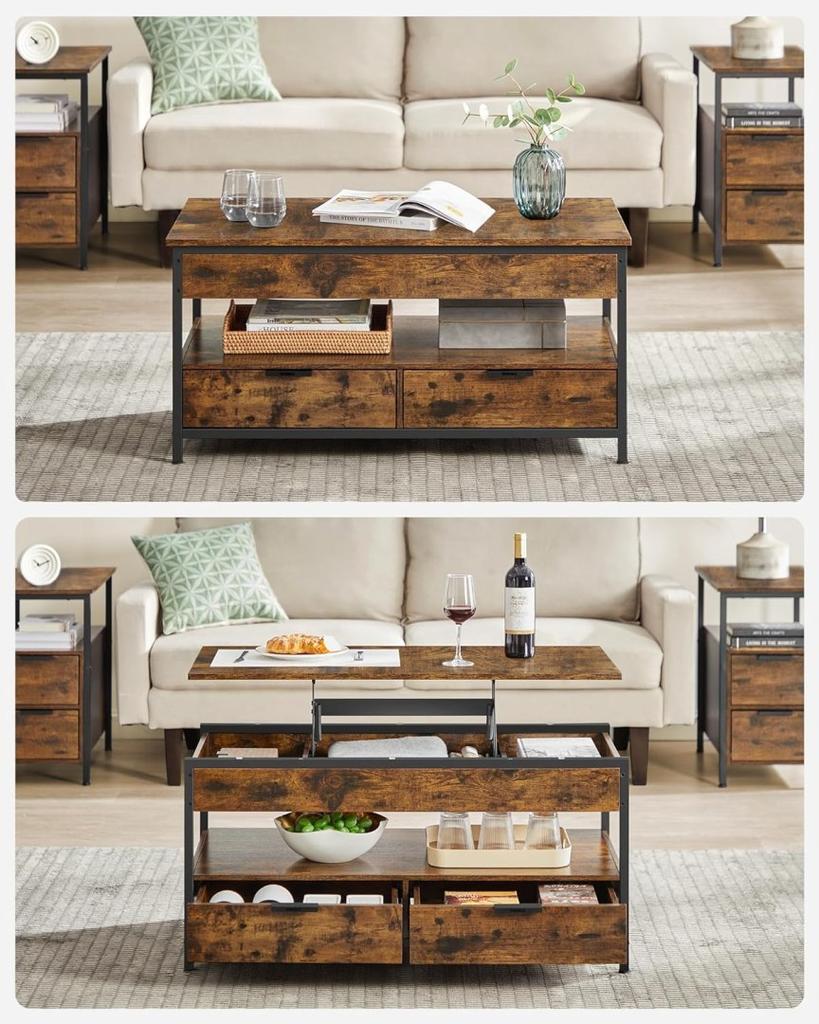 Coffee Table, Living Room Table, with Drawers, Hidden Compartments and an Open Shelf, Rustic Brown and Ink Black