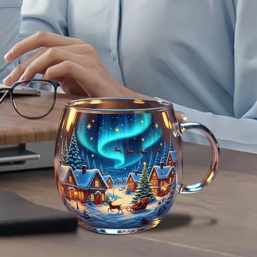 Christmas Transparent Painted Glass Mug 300ml Christmas Theme Coffee Cup Stocking Stuffer Coffee Mug For Hot Cocoa Latte