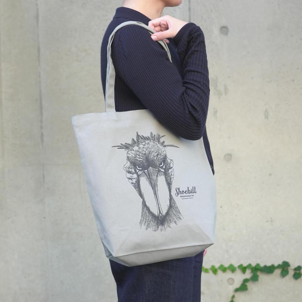 SOTONEKO JAPAN Tote Bag, Shoebill Design, Shoulder Bag, A4 Size, Vertical, Gusseted, Cotton, Men'sWomen's, Gray, Line Art Illustration