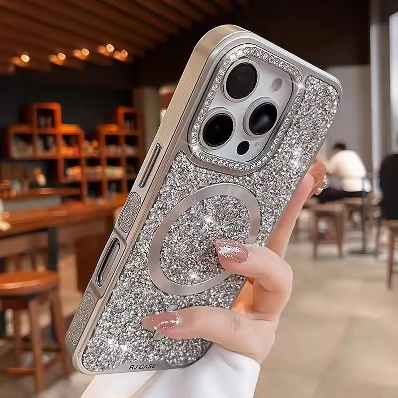 Plating Sparkling Rhinestone Diamond Bling Magnetic for MagSafe Case For iPhone 17 16 15 14 Pro Max Shockproof Luxury Back Cover