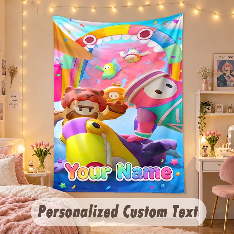 Custom Personalized Tapestry,Fall Guys Print Custom Name Text Wall Art Hanging for Bedroom