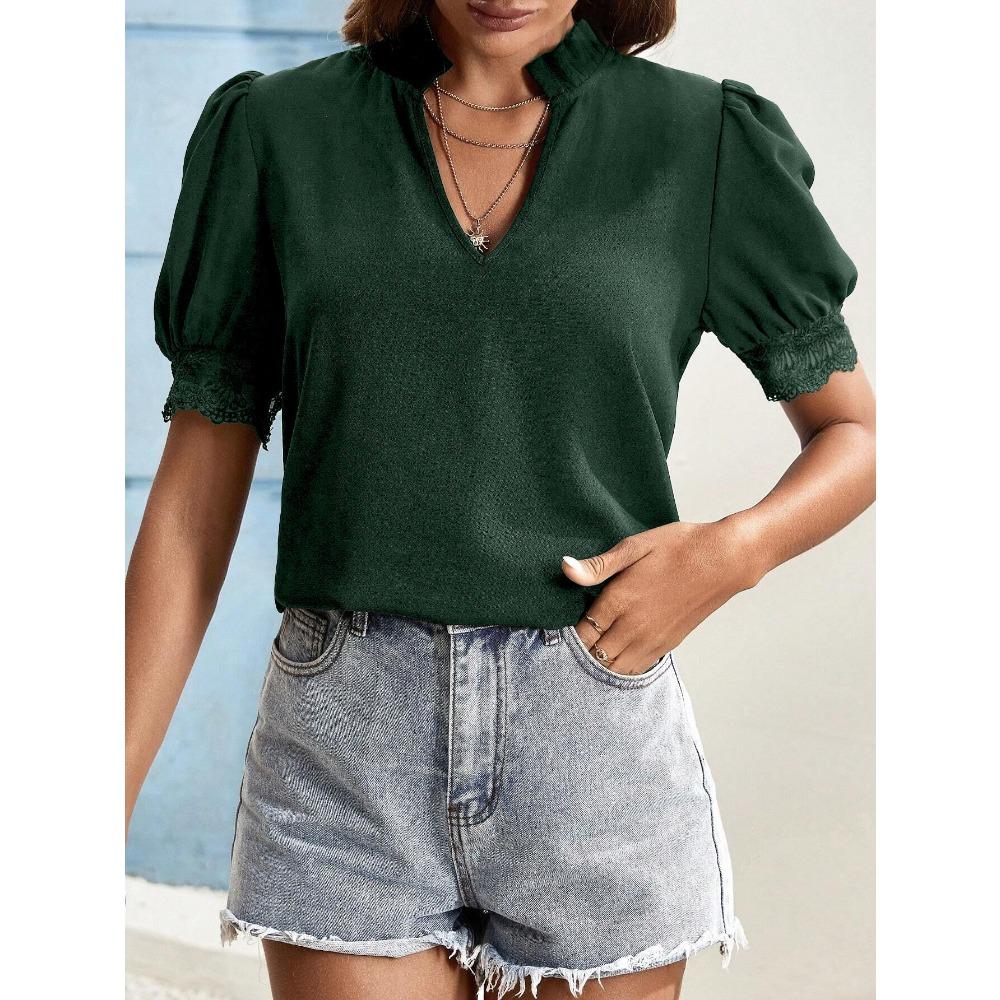 Women's Short-sleeved Tops Summer New Fashion T-shirt Versatile V-neck Shirt Lantern Sleeve Splicing Lace Blouse