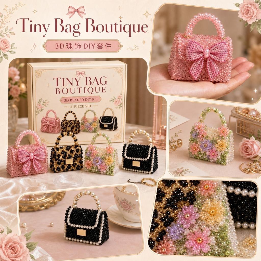 Tiny Bag Boutique 3D Beaded DIY Kit Four Piece Set Includes Beaded Handbag Models with Detailed Beading and Crafting Materials for Creative Assembly