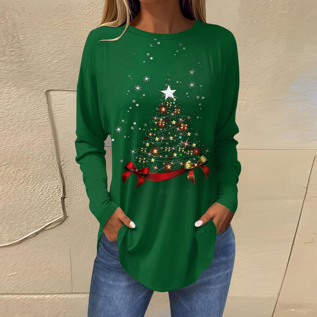 Dames Losse Comfortabele Casual Mode V-Hals Kerstprint Lange Mouw Hoodie