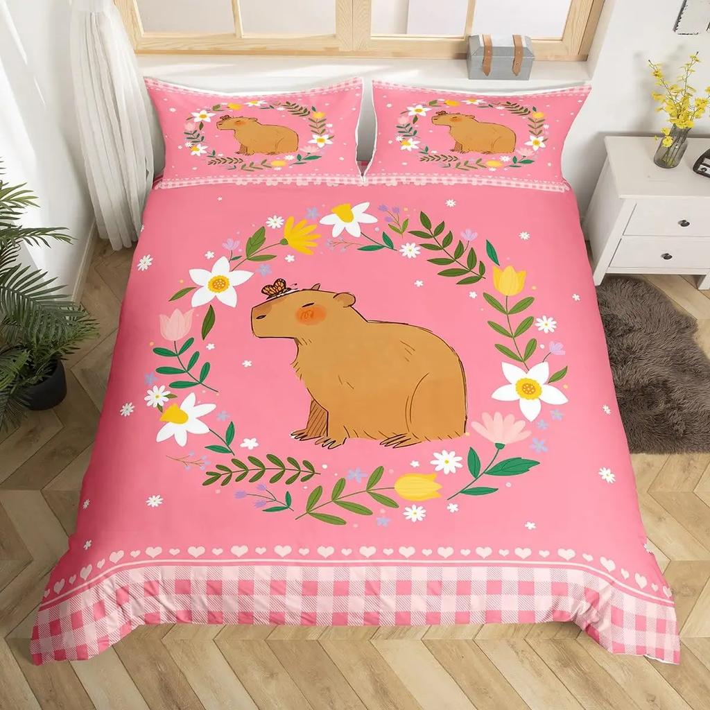 Cute Capybara Print Bedding Sets Full Kawaii Honey Bee Comforter Cover,Cartoon Animals Bed Set Red Love Heart Print Duvet Cover