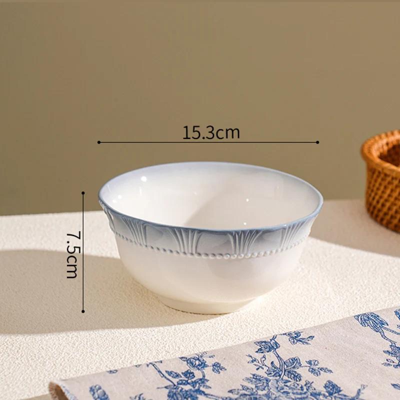 Relief-Speiseteller im französischen Stil Köstliche Gerichte Tiefer Suppenteller Exquisite Früchte Salat Keramikteller Blauer Rand Heim Geschirr