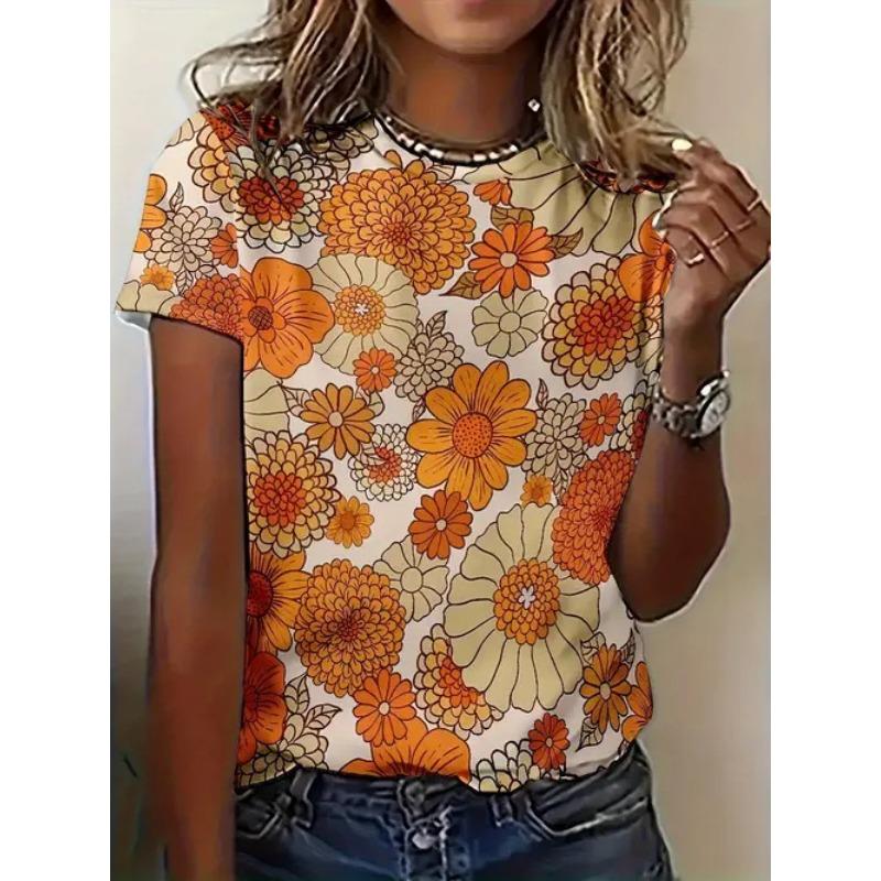 Women's Summer Casual Versatile Design 3D Printed Round Neck Short Sleeved T-shirt