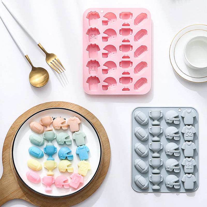 Football Chocolate Mold,Sports Theme Silicone Mold, 20-Cavity Football Rugby Trophy Helmet Jersey Silicone Fondant Candy Mould