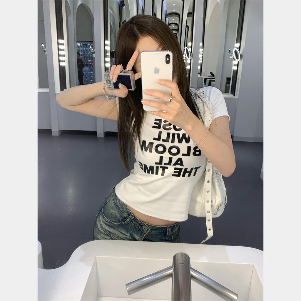 Letter Slim Short Sleeve T-Shirt Women's Spring and Summer New Korean Skinny Black Bottom Shirt