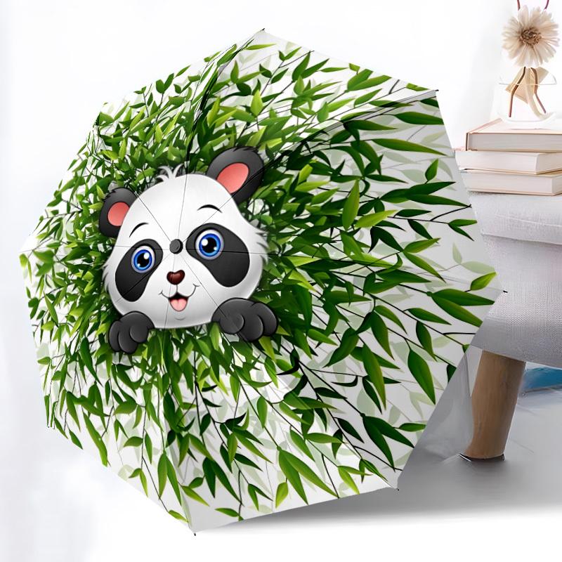 1pc Panda Bamboo Automatic Folding Umbrella - 8-Rib Compact Travel Umbrella Durable & Portable for Outdoor Use, Perfect Gift032