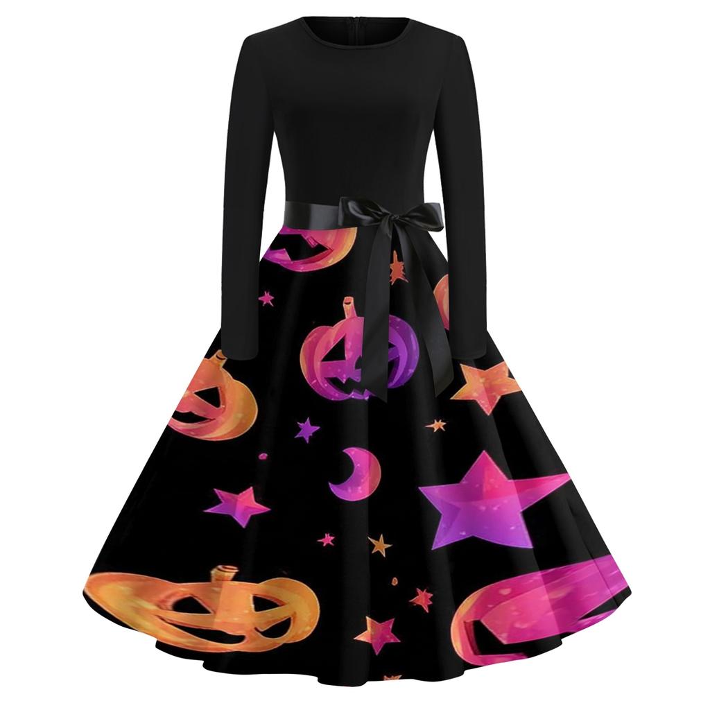 Women's Casual Vintage Halloween Print Dress Long Sleeve Round Neck Retro Style Fit and Flare Midi Dress with Waist Tie